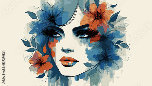 A painted female face decorated with flowers in watercolor style. Vector graphics. EPS.