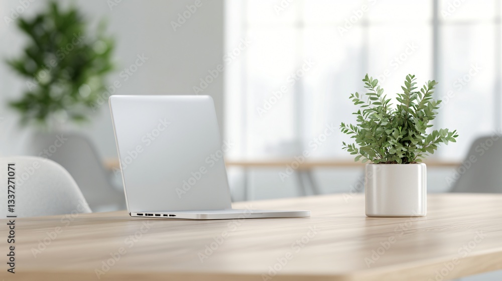 Minimalist workspace with laptop, fresh greenery, natural light streaming in, ideal for productivity and creativity. Minimalist workspace with laptop, fresh greenery, natural light streaming in, ideal for productivity and creativity.