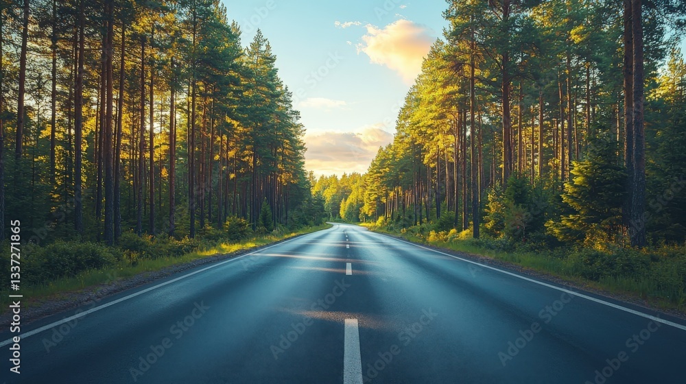 Obraz premium Luxury car highway drive through deep green pine forests in the afternoon sun