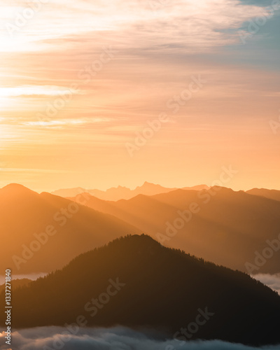 Sunrise above the clouds at Jochberg in Bavaria