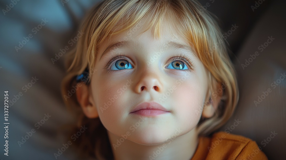 Curious child experiences hearing aid for the first time with amazement and wonder Curious child experiences hearing aid for the first time with amazement and wonder