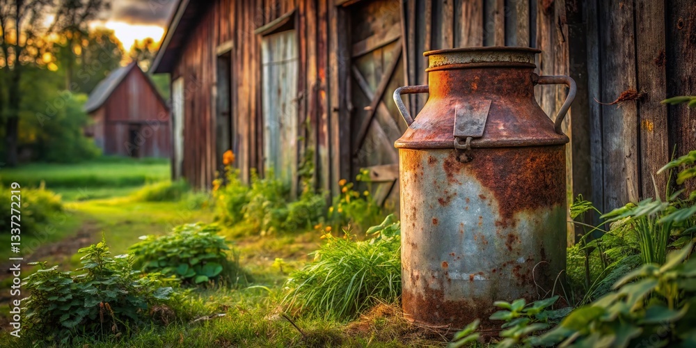 Obraz premium Rustic Old Milk Churn in a Barnyard - Vintage Dairy Farm Scene