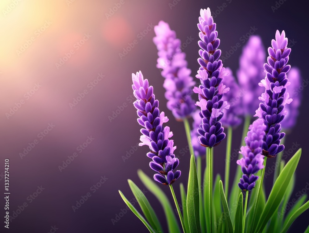 Obraz premium Vibrant lavender flowers blooming in soft sunlight with a blurred background