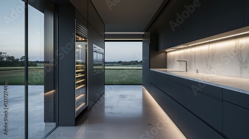 A sleek, modern kitchen with dark gray cabinets and pristine white marble countertops