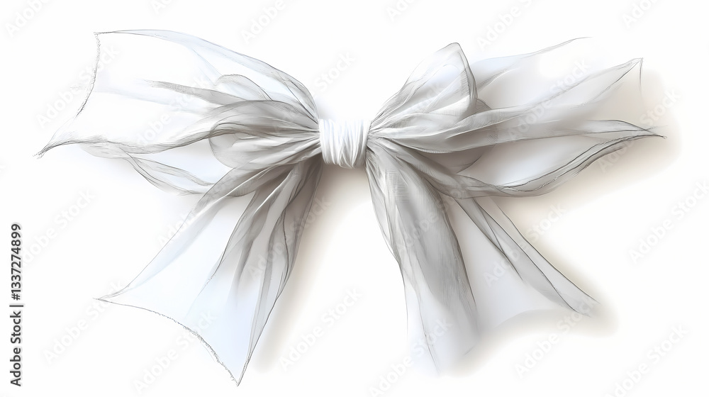 Naklejka premium A delicate, translucent bow with frayed threads and a subtle gradient effect, set against a pure white background. Whispering Threads. Illustration