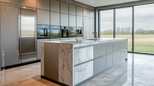 A sleek modern kitchen with soft grey cabinets and stainless steel handles