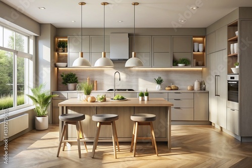 Wallpaper Mural Scandinavian Kitchen Island, Beige & Grey 3D Render, Glass Lamps, Modern Design Torontodigital.ca