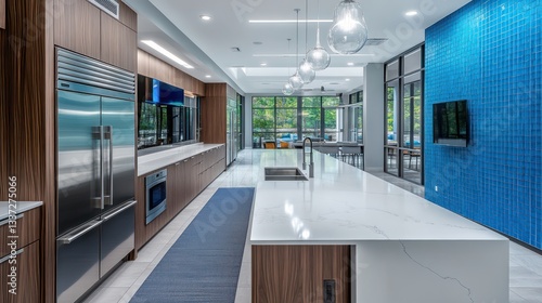 A sleek modern kitchen with stainless steel appliances and pristine white marble countertops