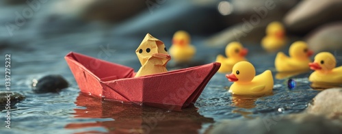A red paper boat navigates through a tub filled with yellow rubber ducks and red balls, surrounded by bubbles, evoking a sense of summer and playful objects