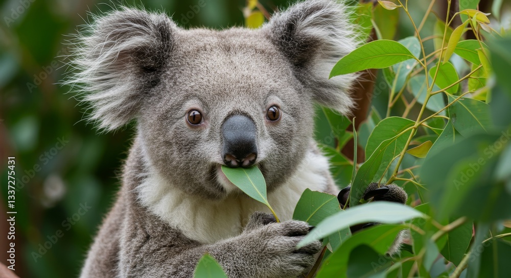 Obraz premium Adorable Koala Enjoying Eucalyptus Leaves - A cute koala bear peacefully eats eucalyptus leaves amidst lush greenery. Symbolizing nature, peace, wildlife, Australia, and conservation
