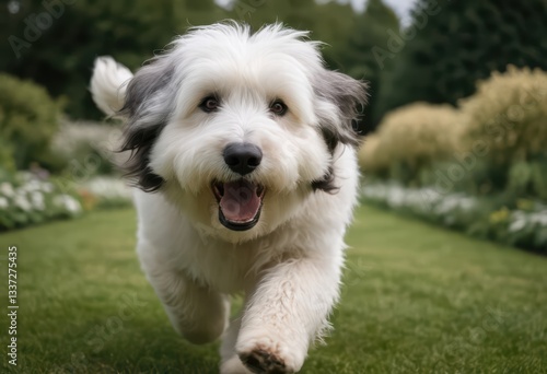 bearded collie running in a countryside, big doggy in natural raw meadown