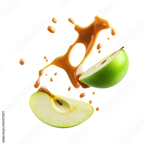 Sliced Green Apple with Flowing Caramel Sauce in Mid-Air, cut out