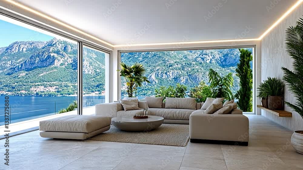 Modern living room with panoramic mountain and lake view, featuring minimalist decor and natural light Modern living room with panoramic mountain and lake view, featuring minimalist decor and natural light