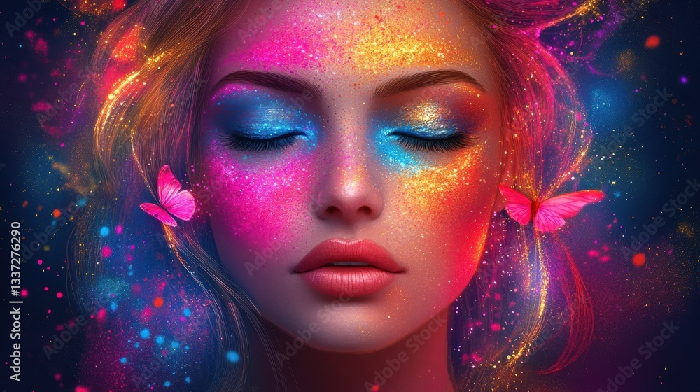 Obraz premium A cosmic fantasy portrait of a woman with nebula-like skin, glowing stardust, ethereal butterflies