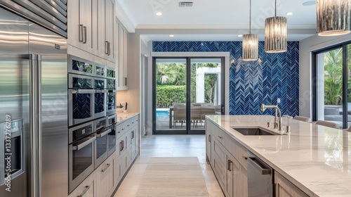 A sophisticated kitchen with stainless steel appliances and pristine white marble countertops