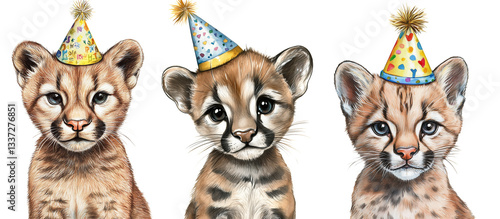 cute baby puma with birthday cap clipart drawing portrait isolated on transparent background