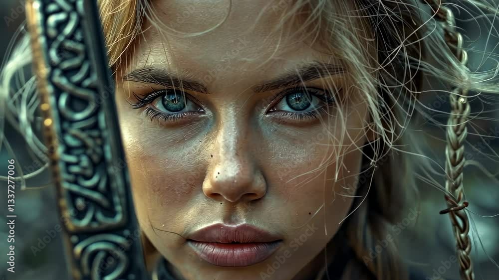 Portrait of a Warrior Woman: A Close-Up of a Fair-Haired Woman with Striking Blue Eyes, Holding a Sword, in a Dark Forest Setting Portrait of a Warrior Woman: A Close-Up of a Fair-Haired Woman with Striking Blue Eyes, Holding a Sword, in a Dark Forest Setting