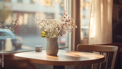 Sunlight-drenched cafe table with delicate flowers