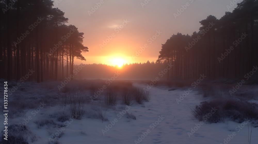 Sunrise Path Through Snowy Forest. Sunrise Path Through Snowy Forest.