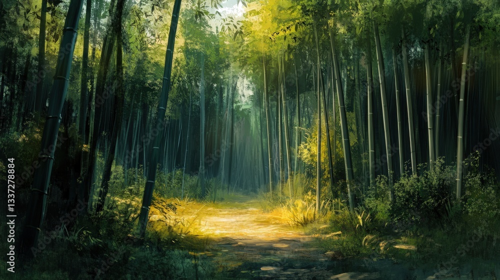 Obraz premium A sunlit path leads through a dense bamboo forest scene