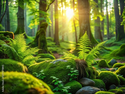 Serene Forest Scene: Mossy Stones & Sunlight