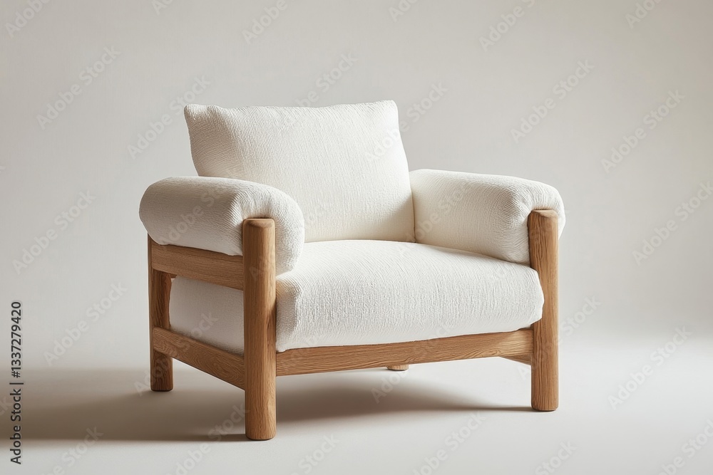 Simple, modern, light oak armchair with a soft white textile Simple, modern, light oak armchair with a soft white textile