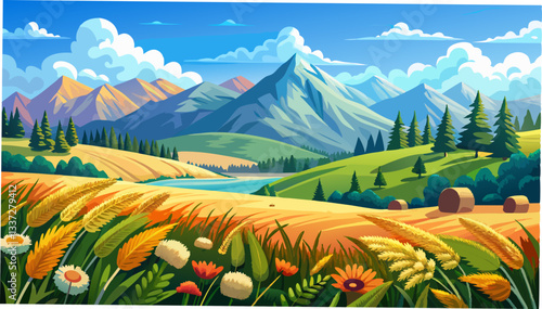 summer scenery of mountainous countryside. alpine hay fields with wild herbs on rolling hills at high noon. forested mountain ridge in the distance beneath a blue sky with fluffy clouds. nature