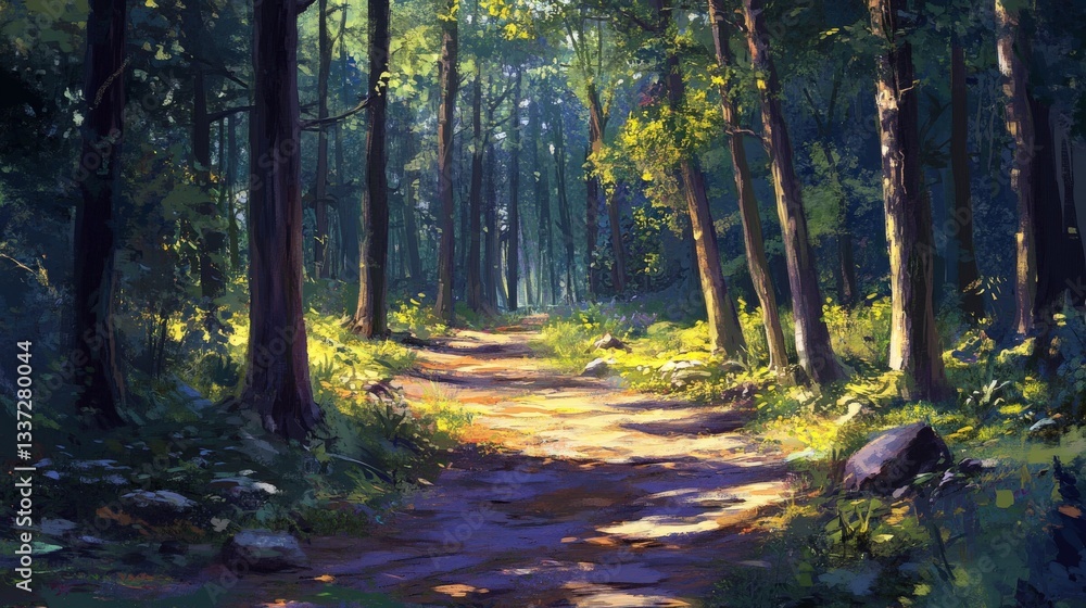 Obraz premium A sunlit pathway winds through a dense and lush forest