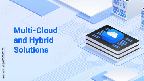 Vector isometric illustration of multi-cloud and hybrid solutions. Blue cloud icon atop stacked server structures. Abstract interconnected cloud computing. Modern digital infrastructure