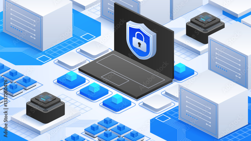 Digital Data Safeguard. Laptop with a security shield icon and digital connections, illustrating strong online data protection and cybersecurity for safe and private information handling. Digital Data Safeguard. Laptop with a security shield icon and digital connections, illustrating strong online data protection and cybersecurity for safe and private information handling.