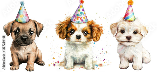 drawing portrait of cute baby puppy canine dog with birthday cap isolated on transparent background