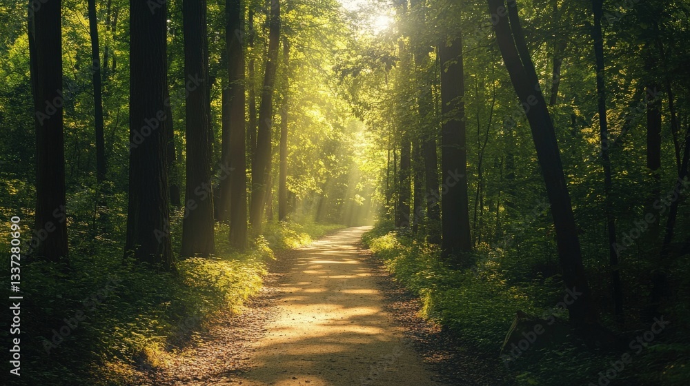 Fototapeta premium A Sunlit Forest Path Leading Through the Woods