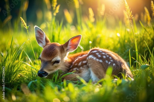 Serene Sleeping Fawn in Lush Green Grass - Panoramic Wildlife Photo