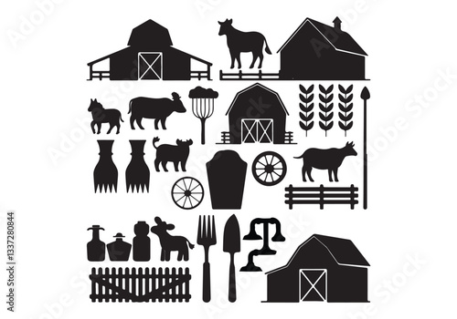 Farm Silhouette Graphics: Barns, Animals Tools Vector Set Rural Life Icons