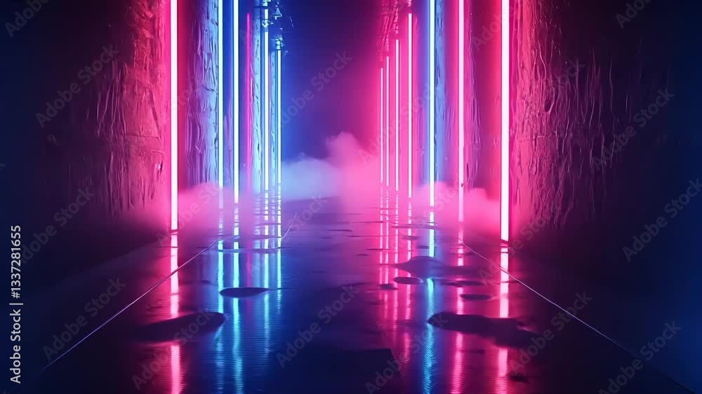 Neon-lit, futuristic corridor with pink and blue lights. Foggy, reflective floor Neon-lit, futuristic corridor with pink and blue lights. Foggy, reflective floor