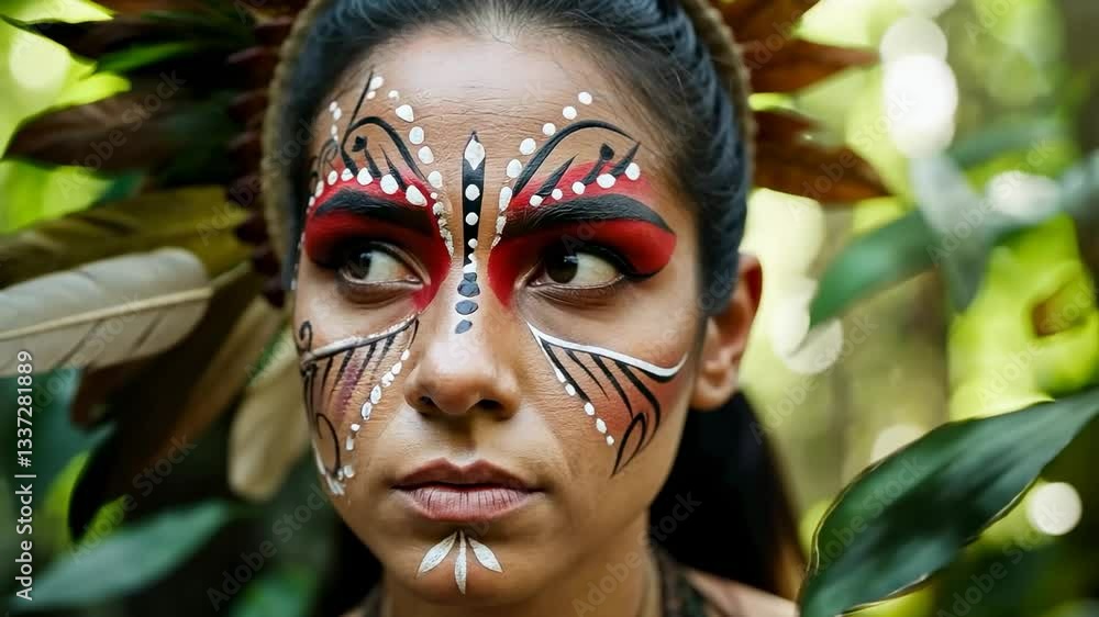 Woman with intricate face paint expresses calm strength amidst nature setting Woman with intricate face paint expresses calm strength amidst nature setting
