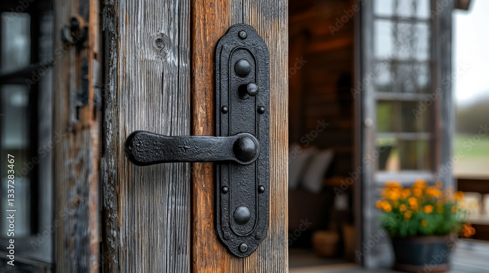 Rustic black iron door handle on reclaimed barnwood sliding door in cozy countryside home Rustic black iron door handle on reclaimed barnwood sliding door in cozy countryside home