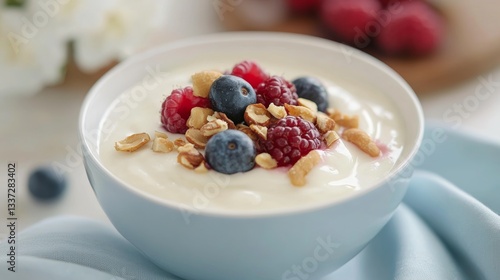 Bowl of Icelandic skyr enhanced with fresh berries, nuts, and honey in a Nordic table setting featuring cool, natural tones