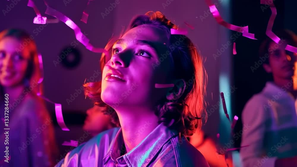 Joyful celebration with friends in colorful confetti party scene Joyful celebration with friends in colorful confetti party scene
