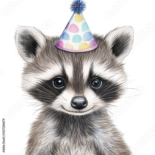 drawing portrait of cute baby raccoon with birthday cap isolated on transparent background