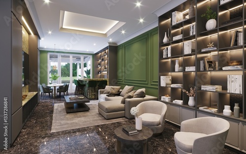 Sala de estár con bar lujoso, 3d render