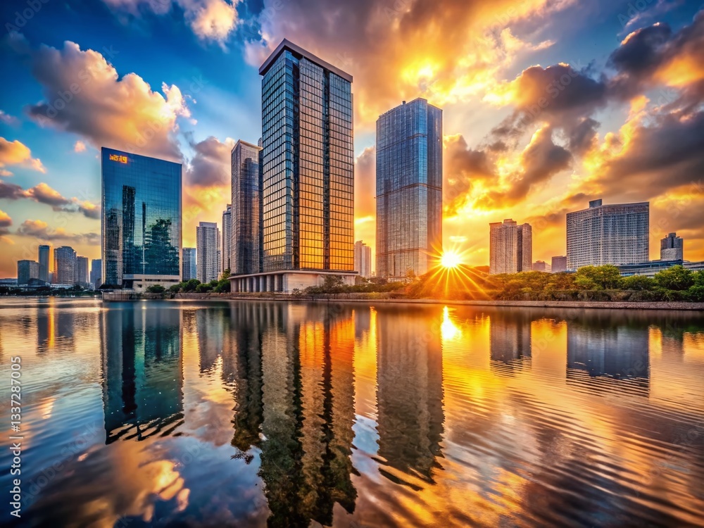 Fototapeta premium Sleek Glass Skyscraper Sunset Reflection City Skyline River Stock Photo