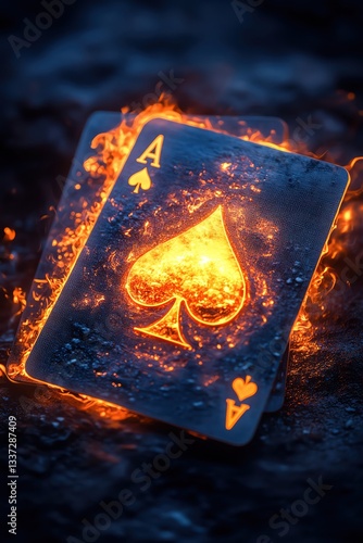 Two glowing neon playing cards, aces of spades, on a dark background