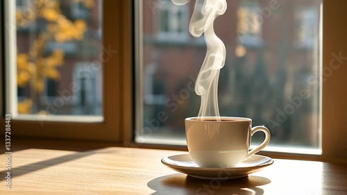 A steaming cup of coffee on a wooden table with sunlight streaming through a window