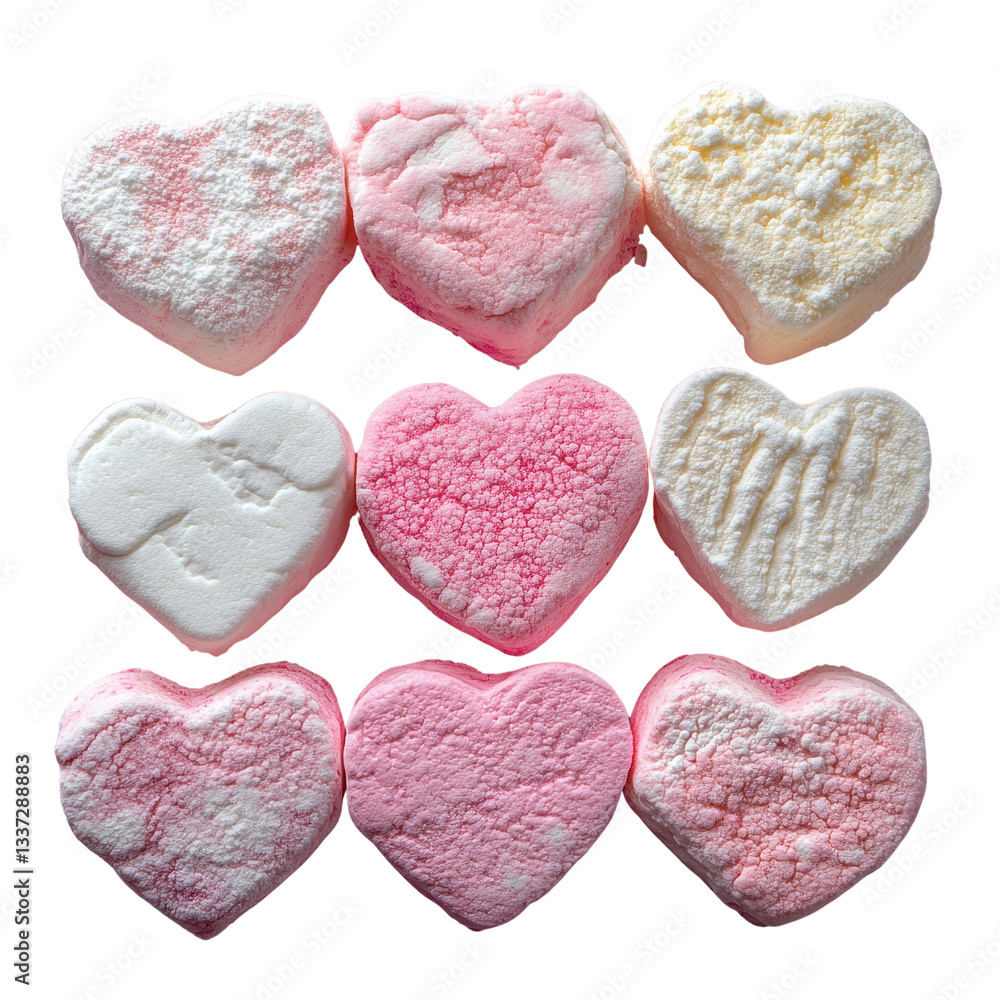 Obraz premium Heart shaped marshmallows with pink isolated on white transparent background