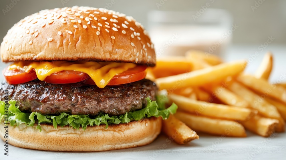 A sumptuous cheeseburger brimming with fresh ingredients, accompanied by crispy fries, evoking the pleasure of enjoying classic fast food favorites. A sumptuous cheeseburger brimming with fresh ingredients, accompanied by crispy fries, evoking the pleasure of enjoying classic fast food favorites.