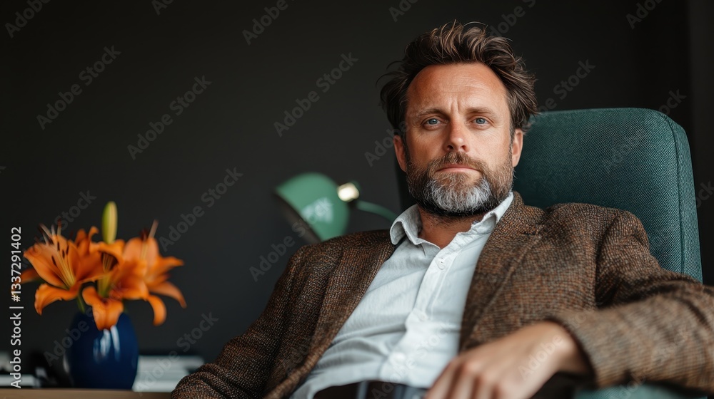Fototapeta premium This striking portrait features a stylish man in a textured brown suit and a crisp shirt, exuding confidence and strength with a serious expression against a minimalist backdrop.