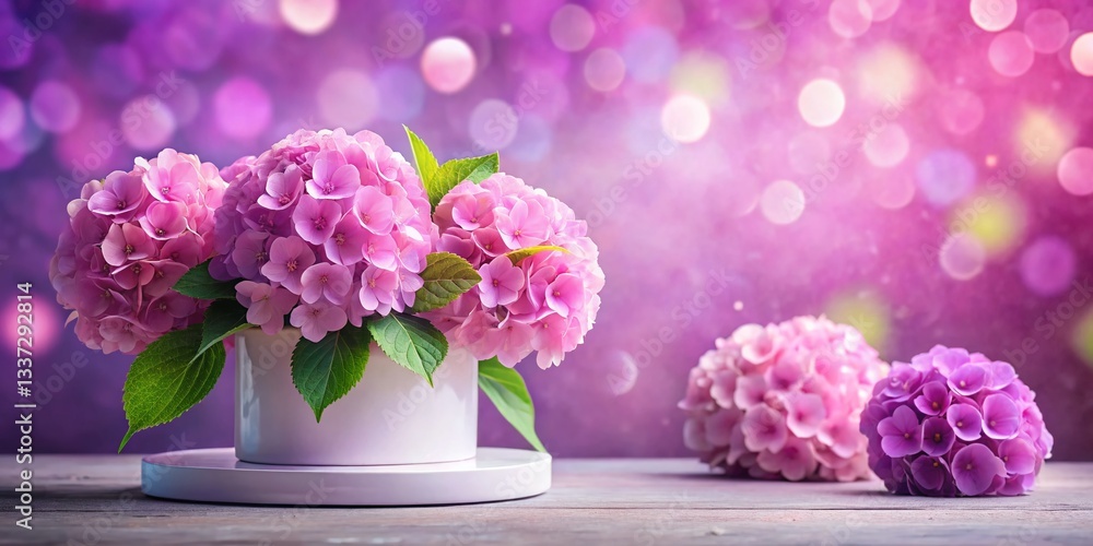 Fototapeta premium Spring Floral Podium Display: Pink Hydrangea & Purple Bokeh Background