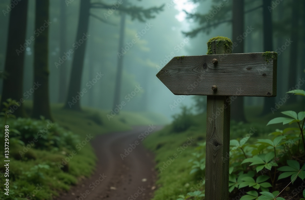 Naklejka premium Mysterious forest path with a blank wooden signpost pointing the way. Foggy atmosphere, perfect for travel or adventure themes.