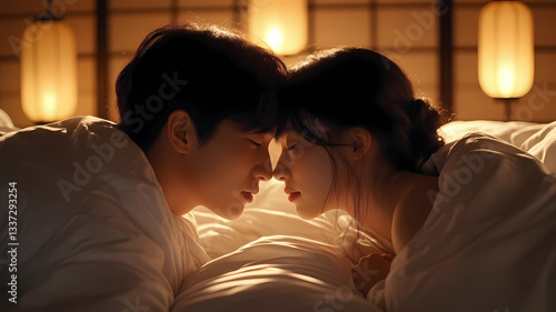 Romantic Side-View of Young Japanese Couple Under Soft Covers